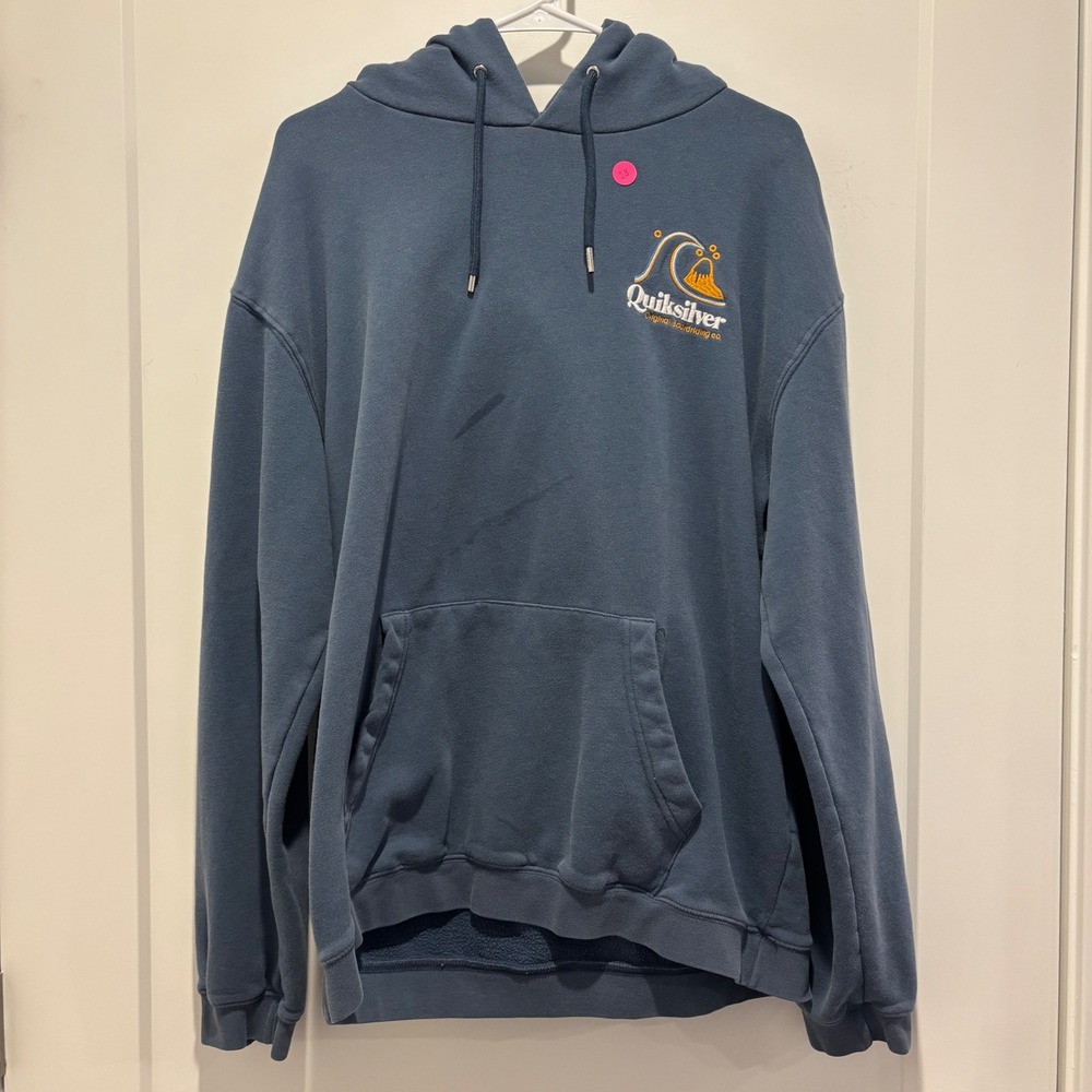 Quiksilver Mens Blue Graphic Hoodie Fleece Pullover Large Logo Sleeve L